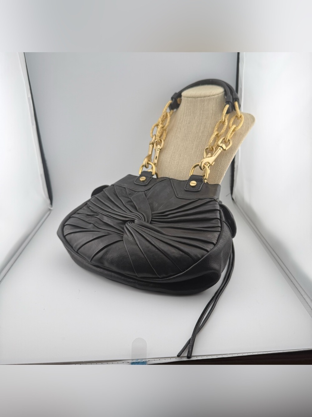 Alexis Hudson Black Leather Shoulder Bag with Gold Chain Straps